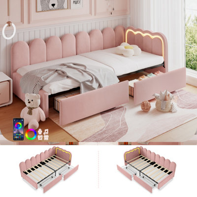 Btm 3Ft Daybed With Rgb Led2 Storage DrawersVelvetScalloped BackrestPink (No Mattress) from B&Q