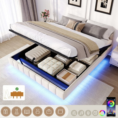 Btm 4Ft6 Double Floating BedHydraulic StorageRgb LedNo HeadboardLinen Beige (No Mattress) from B&Q