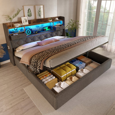 Btm 6Ft Super King Hydraulic BedLed & Usb/type-CStorage HeadboardLinen Grey (No Mattress) from B&Q