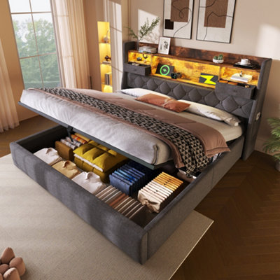 Btm 5Ft King Hydraulic BedLed & Usb/type-CStorage HeadboardLinen Grey (No Mattress) from B&Q