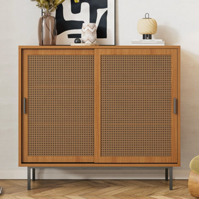 Btm Rattan Sideboard With Sliding Barn DoorsAdjustable ShelvesWalnut100Cm from B&Q