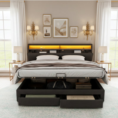 Btm 6Ft Super King Hydraulic BedLedStorage & DrawersLinen Grey (No Mattress) from B&Q