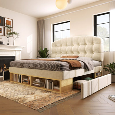 Btm 5Ft King Upholstered BedStorage Drawers & CompartmentsAdjustable HeadboardVelvet Beige (No Mattress) from B&Q