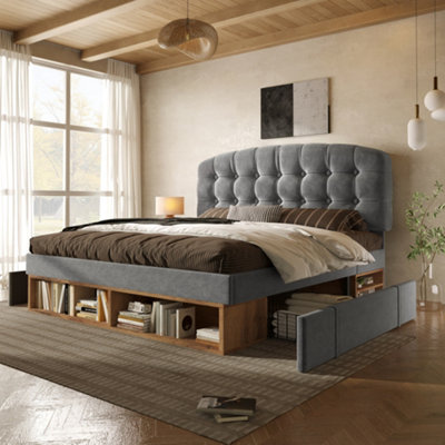 Btm 4Ft6 Double Upholstered BedStorage Drawers & CompartmentsAdjustable HeadboardVelvet Grey (No Mattress) from B&Q