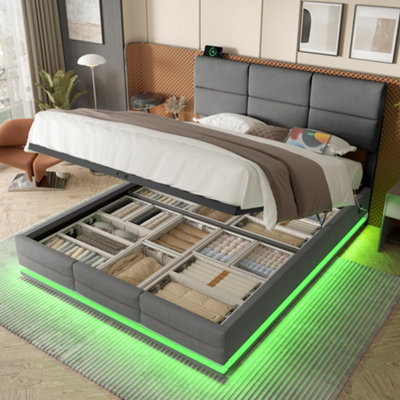 Btm 150X200Cm Velvet Bed FrameAdjustable HeadboardLed LightsUsb/type-CHydraulic StorageGrey from B&Q