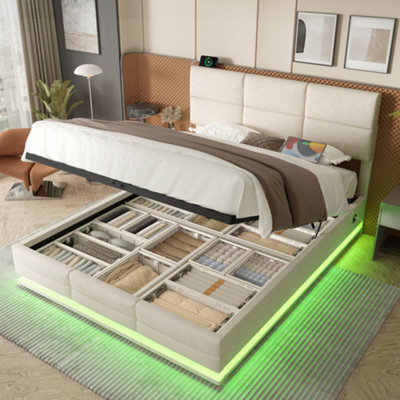 Btm 135X190Cm Upholstered Velvet Bed FrameLed LightsUsb-C ChargingLift-Up Storage BaseBeige (No Mattress) from B&Q