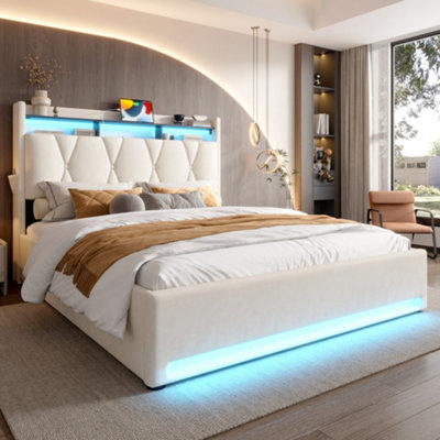 Btm 150X200Cm Bed FrameLed LightingUsb-C PortsUnder-Bed StorageUpholsteredBeige (No Mattress) from B&Q
