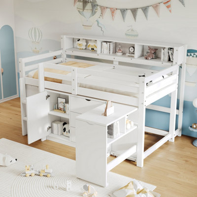 Btm 3Ft Single Wooden BedPull-Out Desk3 DrawersStorage CabinetHeadboard ShelvesWhite from B&Q