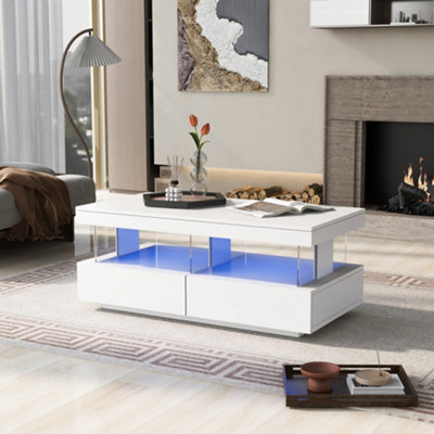 Btm High Gloss Led Coffee Table2 DrawersOpen Storage16 Colors LedWhite100Cm
