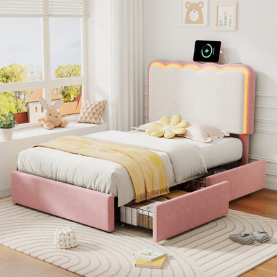 Btm 3Ft Upholstered BedLed Wavy Headboard2 Storage DrawersVelvet Pink And Cream White from B&Q