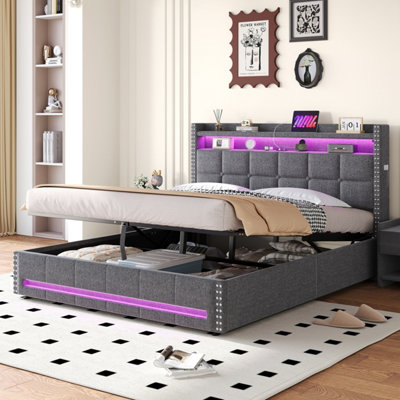 Btm 4Ft6 Upholstered Hydraulic Bed  Led Rivet Storage BedButton Tufted HeadboardUsb And Typec ChargingLinen Grey from B&Q