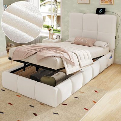 Btm 3Ft Single Upholstered Bed With Hydraulic Storage And HeadboardBouclé Beige90 X 190Cm from B&Q