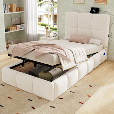 Btm Velvet Single Bed 3Ft With Hydraulic Storage And Upholstered HeadboardBeige90 X 190Cm from B&Q