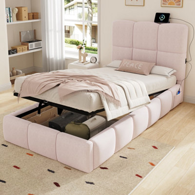 Btm Pink Velvet Kids Bed 3Ft With Hydraulic Storage And Upholstered Headboard90 X 190Cm from B&Q