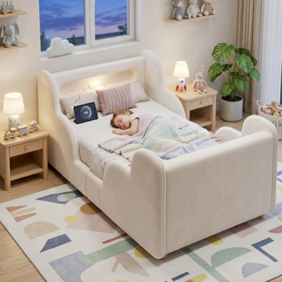 Btm Upholstered Kids Bed 3Ft Single With Led Headboard And Wooden LegsBouclé Beige90 X 190Cm from B&Q