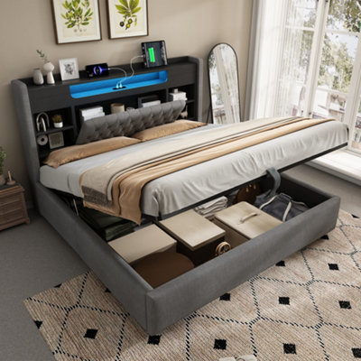 Btm 6Ft Super King Bed With Hydraulic StorageLed Upholstered Bed Frame And Charging StationGrey from B&Q