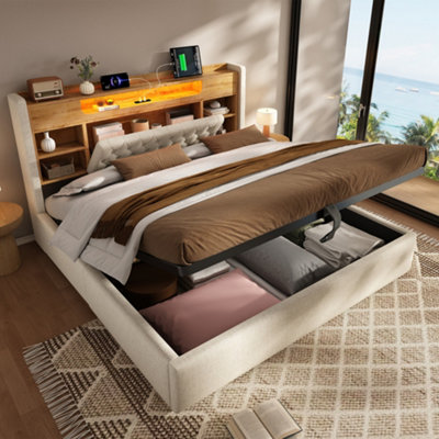 Btm Super King Upholstered Bed 6Ft With Hydraulic StorageLed Lighting And Usb ChargingBeige from B&Q