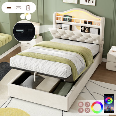 Btm 3Ft Hydraulic Velvet BedLed Bed Frame With Charging StationDiamond Tufted Headboard And StorageBeige from B&Q