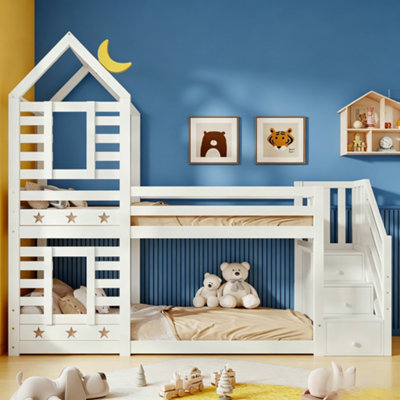 Btm 3Ft Kids Cabin Bunk Bed With Storage And WindowSolid Pine WoodTwin SleeperWhite90X190Cm from B&Q