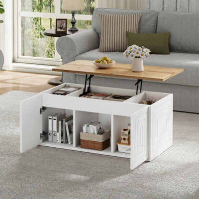 Btm Height Adjustable Coffee Table2 Cabinet DoorsWhite And Natural WoodCan Be Dining Or Sofa Table95X46X45Cm