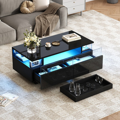 Btm Coffee Table2 Drawers And TrayHigh Gloss BlackLed LightTempered GlassLiving Room Sofa Table90X45X35.5Cm