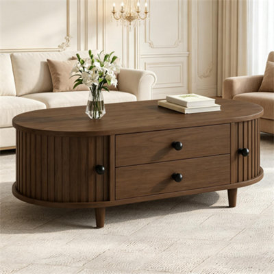 Btm Oval Coffee Table2 Sliding DoorsRounded CornersStorage Side TableMdf WoodWalnut100X50X36Cm from B&Q