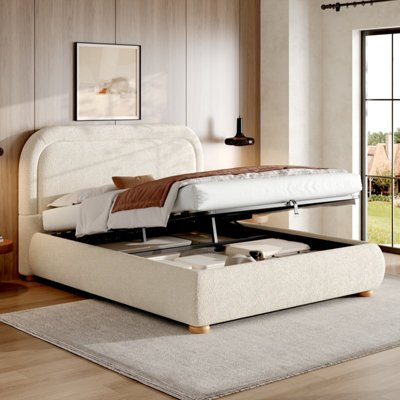 B&Q -  5Ft King Bouclé Ottoman Storage BedHydraulic Liftup Bed Frame With Curved HeadboardBeige