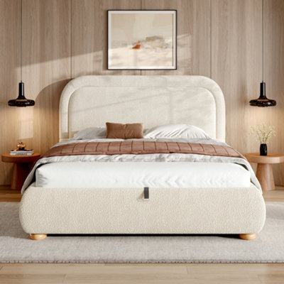 B&Q -  4Ft6 Double Bouclé Ottoman Storage BedHydraulic Liftup Bed Frame With Curved HeadboardBeige