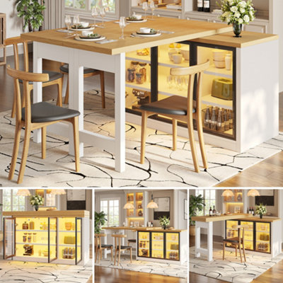Btm Extendable Sideboard Dining Table Combo With Led LightsGlass Display CabinetSpace SavingWhite