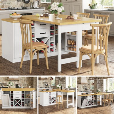 Btm Extendable Sideboard Dining Table Combo With Wine Rack And Trash CompartmentSnack StorageWhite