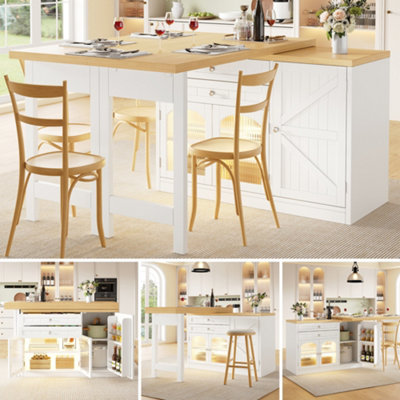 Btm Extendable Kitchen Island Dining Table 120 To 194Cm360 Rotating TopGlass Doors And Storage DrawersWhite