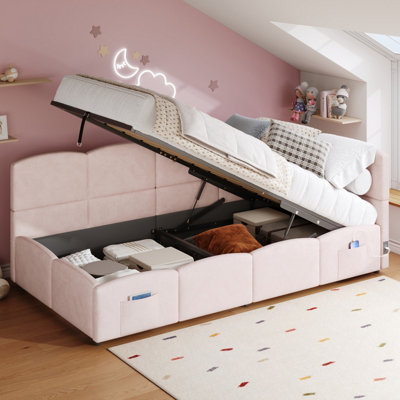 Btm 3Ft Upholstered Sofa Bed 90X190 CmSingle Daybed With Hydraulic StorageUsb ChargingVelvetPink from B&Q