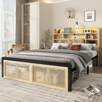 Btm Wooden Double Bed 4Ft6 With Charging Port Led Strip Light Headboard Storage And Rattan Drawer 135X190Cm Wood Colour from B&Q