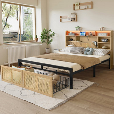 Btm 4Ft6 Wooden Bed 135X190 CmDouble Bed With Charging PortLed Headboard StorageRattan DrawerMdf+IronWood from B&Q