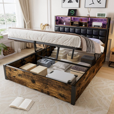 Btm 4Ft6 Hydraulic Metal Bed 135X190 CmDouble Bed With Charging PortSoft Headboard StorageIron+MdfBlack+Wood from B&Q