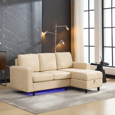Btm L Shaped Couch Sofa With Storage3 Seater Sleeper Couch With Usb And LedConvertible Sectional SofaBeige 180X119X72Cm from B&Q