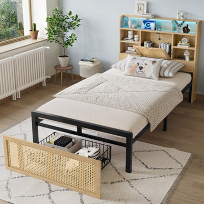 Btm 3Ft Wooden Bed 90X190 CmSingle Bed With Charging PortLed Headboard StorageRattan DrawerMdf+IronWood Colour from B&Q