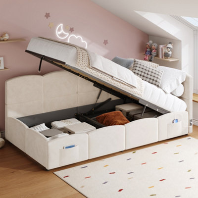 Btm 3Ft Upholstered Sofa Bed 90X190 CmSingle Daybed With Hydraulic StorageUsb ChargingVelvetBeige from B&Q