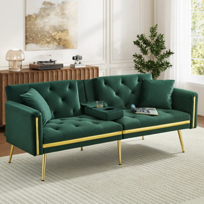 Btm 2 Seater Sofa Bed With Adjustable Backrest Cup Holders Space-Saving Convertible Sofa For Living Room Green from B&Q