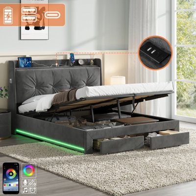 Btm 4Ft6 Double Velvet Bed Frame With Hydraulic & Drawer StorageCushion Headboard With Charging & Rgb LedGrey (No Mattress) from B&Q