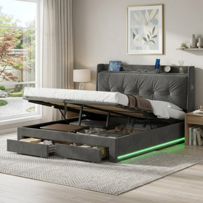 Btm 5Ft King Upholstered Bed With Hydraulic And Drawer Storage Rgb Led Headboard Charging Station Velvet Grey No Mattress from B&Q