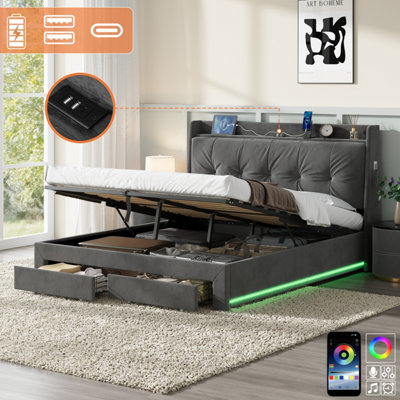 Btm 5Ft King Velvet Bed Frame With Hydraulic & Drawer StorageCushion Headboard With Charging & Rgb LedGrey (No Mattress) from B&Q