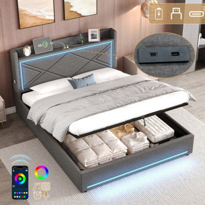 Btm 5Ft King Linen Hydraulic Bed Frame With Led Lighting   Usb Type C Charging StationGrey (No Mattress) from B&Q
