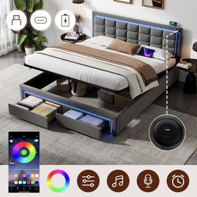Btm 4Ft6 Double Velvet Bed With Hydraulic   Drawer StorageLed Tufted Headboard With Charging StationGrey from B&Q