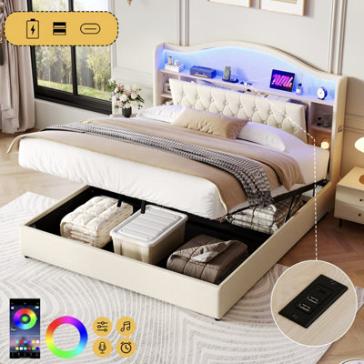 Btm 5Ft King Linen Hydraulic BedLed Curved Tufted Headboard With Hidden Storage   Usb Type C PortsBeige from B&Q