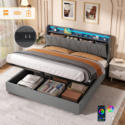 Btm 5Ft King Linen Hydraulic Bed With Led HeadboardHidden Storage   Usb Type C Charging PortsGrey from B&Q