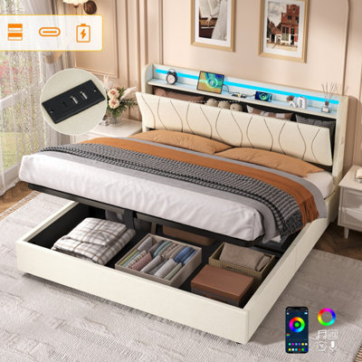 Btm 5Ft King Linen Hydraulic Bed With Led HeadboardHidden Storage   Usb Type C Charging PortsBeige from B&Q