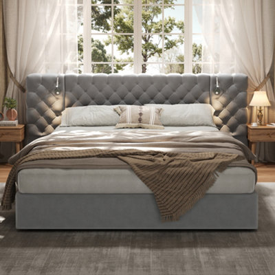Btm 5Ft King Hydraulic Storage BedVelvet UpholsteredWide HeadboardWith Reading LightGrey from B&Q