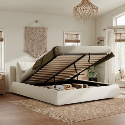 Btm 5Ft 150X200Cm Cloud Ottoman BedBoucle Upholstered Frame With 2 Removable CushionsWarm White from B&Q