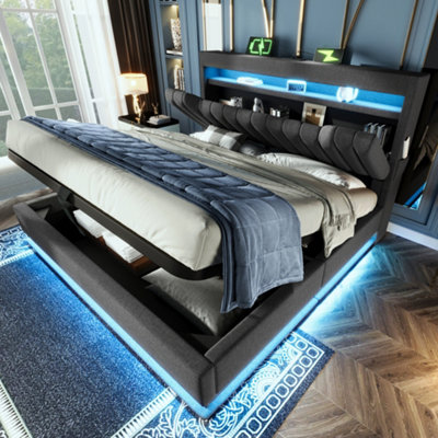Btm 6Ft Upholstered Hydraulic Bed 180X200CmLed LightingUsb CStorage HeadboardLinenGrey (No Mattress) from B&Q